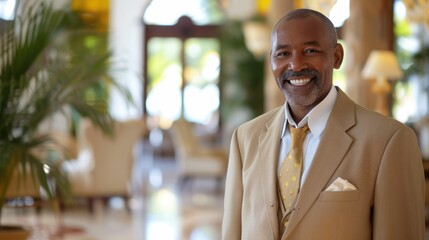 The picture of the mature caribbean male is smiling and working in the hotel as the hotel manager, the hotel manager require skills like customer service, management, knowledge and marketing. AIG43.