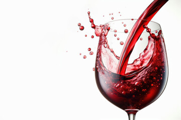 Red wine pouring into wine glass, close-up Isolated on white background
