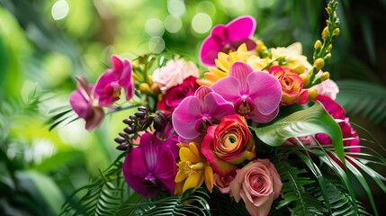 Fototapeta premium vibrant tropical orchid and rose bouquet with lush foliage floral wedding invitation design