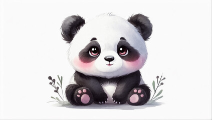Fototapeta premium Illustration of a cute little panda sitting among the greenery drawn with watercolor paints