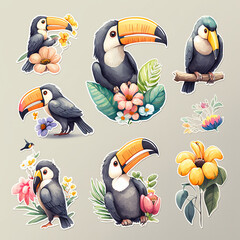 cute toucan bird with feathers logo coutout sticker generative ai