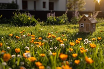 Obraz premium Small House in Field of Flowers. Generative AI