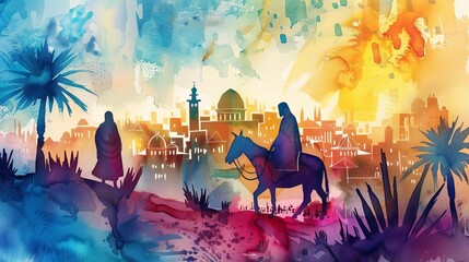 Fototapeta premium watercolor illustration of jesus christs triumphal entry into jerusalem on palm sunday riding a donkey abstract cityscape background