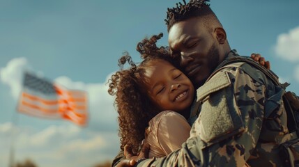 Emotional military dad hugging his daughter on his homecoming. Army soldier receiving a warm welcome from his family after deployment.