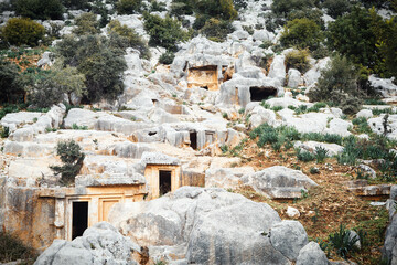 Scenic Lycian rock tombs amid Mediterranean greenery