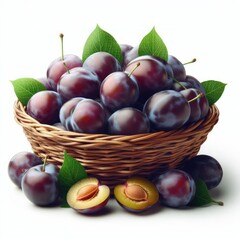 Plums in a basket Isolated on white background