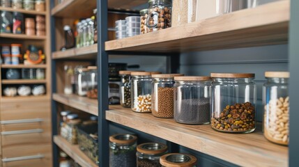 wellorganized pantry storage room with food containers and glass jars on shelves home organization