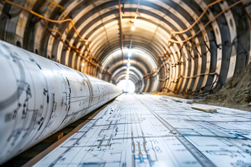 Construction blueprints in underground tunnel