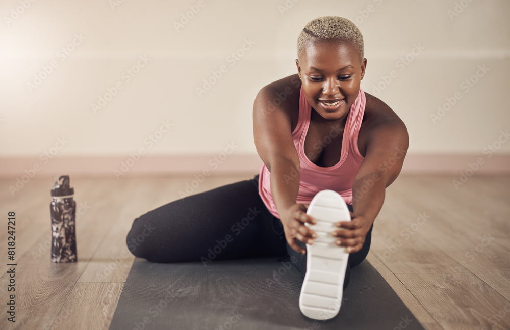 Sticker Gym, stretch and woman on for leg mobility, flexibility and fitness and workout in wellness studio. Sports, smile and floor exercise for performance training, happy and female person or athlete