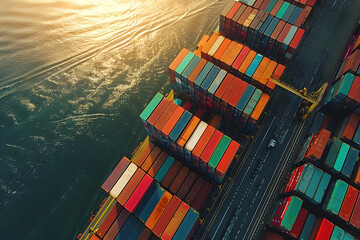 Aerial view of cargo ship at sea at sunset