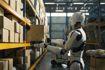Fototapeta premium White AI Robot Organizing Packages in High-Tech Warehouse