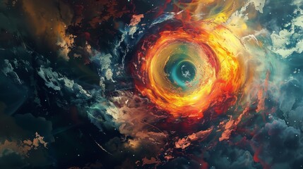 Vibrant, cosmic digital artwork featuring a swirling vortex of colors, resembling a nebula or a wormhole