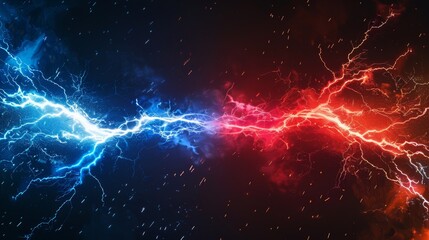 Opposition concept represented by a lightning bolt, with red and blue colors denoting a confrontation or struggle. design template for banner or poster.