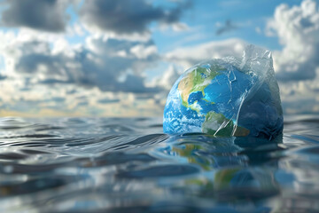 Planet earth wrapped in plastic pollution in ocean water