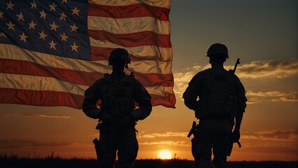 The shadows of the soldiers looking at the sunset sky, the American flag drawn in the sky. Symbol of pride & remembrance.
Memorial Day, Remembrance Day, Independence Day