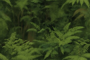 Deep Forest Ferns in Watercolor Background