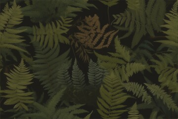 Dark Woodland Ferns in Watercolor Background