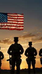 The shadows of the soldiers looking at the sunset sky, the American flag drawn in the sky. Symbol of pride & remembrance. 
Memorial Day, Remembrance Day, Independence Day