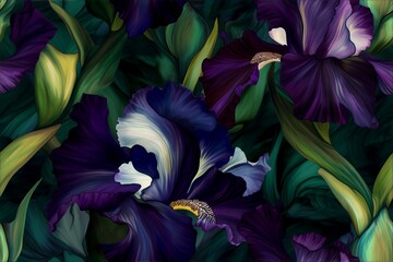 Deep purple and blue iris flowers with lush green foliage set against a dark, mystical background