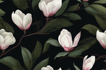 Watercolor pattern of white magnolia flowers with subtle pink accents, set against a dark background.