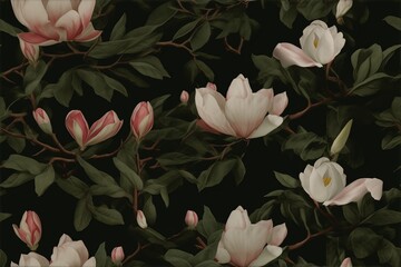 Watercolor pattern featuring white and pink magnolia blossoms with deep green foliage against a dark background