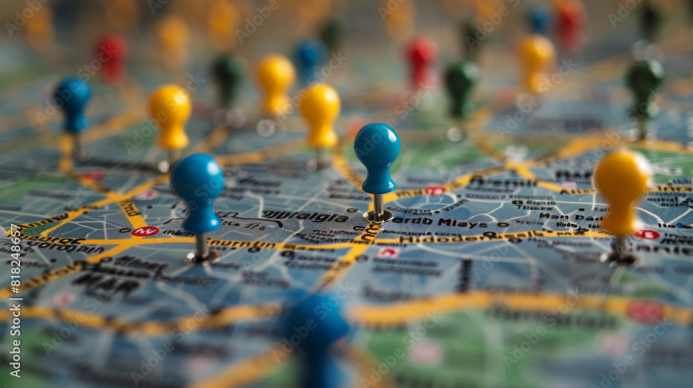 Aufkleber a close-up view of a map with multiple colorful location pins marking various destinations.