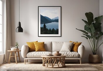 Frame mockup, ISO A paper size. Living room poster mockup. Interior mockup with house white background. Modern interior design. 3D render