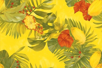 Watercolor lively arrangement of tropical fruits and flowers set against a bright yellow background.