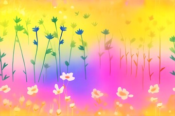 Watercolor flowers and stems against a vibrant gradient background of yellow, pink, and purple hues
