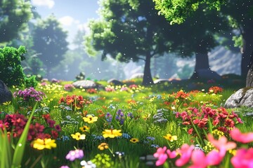 Fototapeta premium Blooming Field Teeming With Colorful Flowers. Generative AI