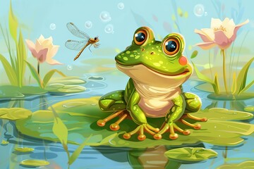 Cute frog on a lily pad with a dragonfly in a pond
