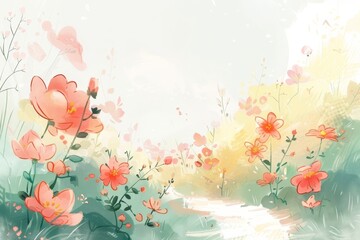 Pink Flowers Blooming on Green Background. Generative AI