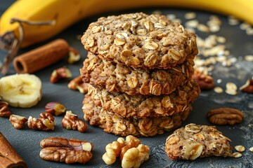 Obraz premium Banana oatmeal cookies with walnuts on a plate