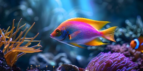 Colorful sea fish live in aquarium with corals and rare species. Concept Aquatic Life, Underwater Photography, Marine Biology, Coral Reef Ecosystem, Exotic Fish Species