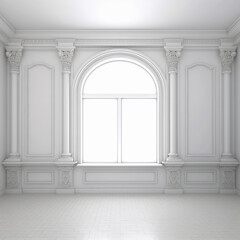 Empty white room with a large window with an arch