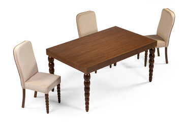 wooden dining table set isolated on white background . table and chair .