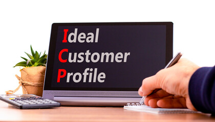 ICP ideal customer profile symbol. Concept words ICP ideal customer profile on beautiful black tablet. Beautiful white background. Business ICP ideal customer profile concept. Copy space.