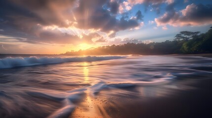 Fototapeta premium Coastal Cloudy Tropical Beach Landscape During Sunset (Generative AI)
