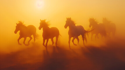 Running herd of horses at sunset