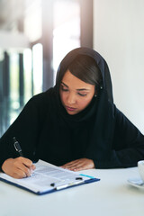 Business, paperwork and Muslim woman writing, contract and planning with hijab, legal aid and...