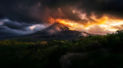 Fototapeta premium Coastal Cloudy Tropical Mountain Landscape During Sunrise (Generative AI)