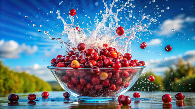 A handful of fresh cranberries splashing into a bowl of water, creating a burst of vibrant red against a backdrop of a sunny day and a clear blue sky