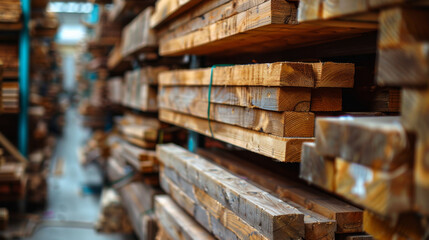 Stacked lumber piles in a warehouse setting, showcasing industrial wood storage and supply.