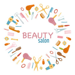 Hairdressing tools circle frame. Retro hair dryers, hairbrushes, scissors and different hair accessories. Cartoon hand drawn vector  illustration. White background. Cute print design for beauty salon.