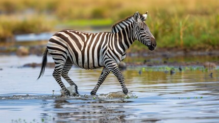 Fototapeta na wymiar Zebra walking in shallow water in the Serengeti National Park, Tanzania