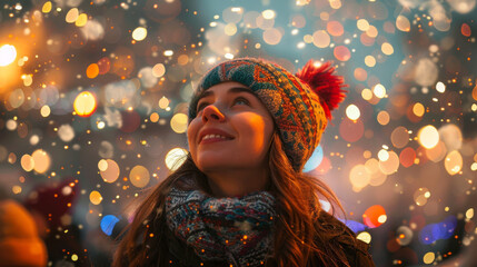 Cheerful young woman enjoying festive winter lights, exuding warmth and happiness in a cold setting.