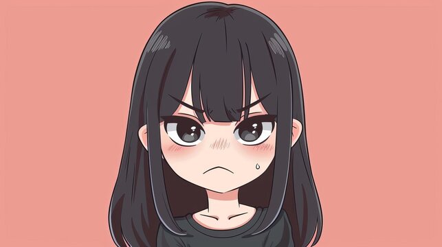 cute chibi anime girl with cranky expression on solid color background digital illustration