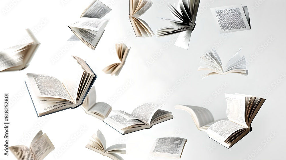 Poster floating open books on a white background. conceptual image of knowledge and learning. modern, creat