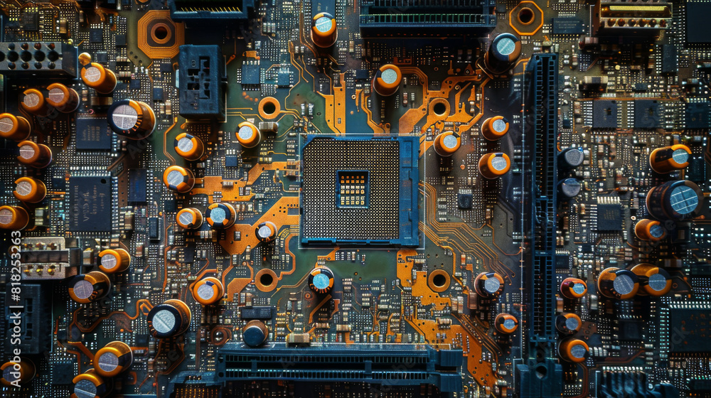 Poster close-up view of an elaborate electronic circuit board featuring a central microchip and surrounding