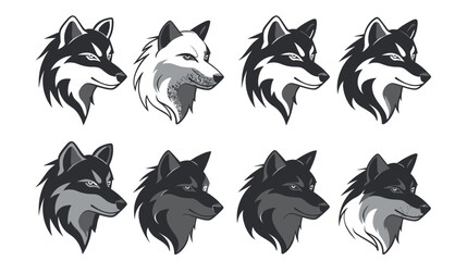 Grey Wolf Head Logo Set Vector Illustrations on White Background